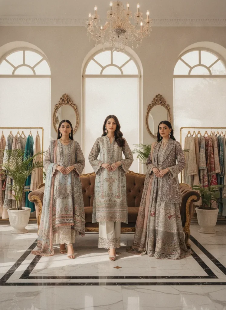 Elegant fashion collection banner featuring Pakistani women's lawn