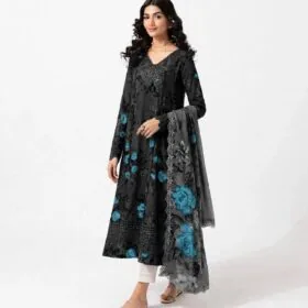 Grey & Turquoise Embroidered Lawn 3 Piece Suit