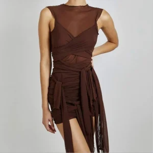 Sleeveless Sheer Wrap Draped Tie Silhouette with Ruched