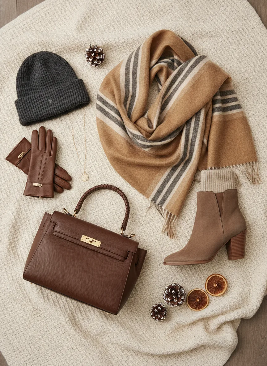 Elegant winter fashion flat lay featuring a women's