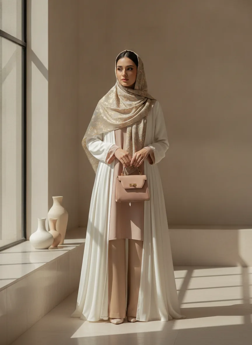 Elegant modest-luxury editorial, poised and feminine mood, soft