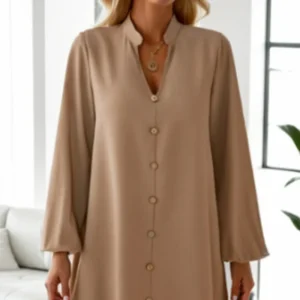 Button-Front V-Neck Tunic Dress with Balloon Sleeves