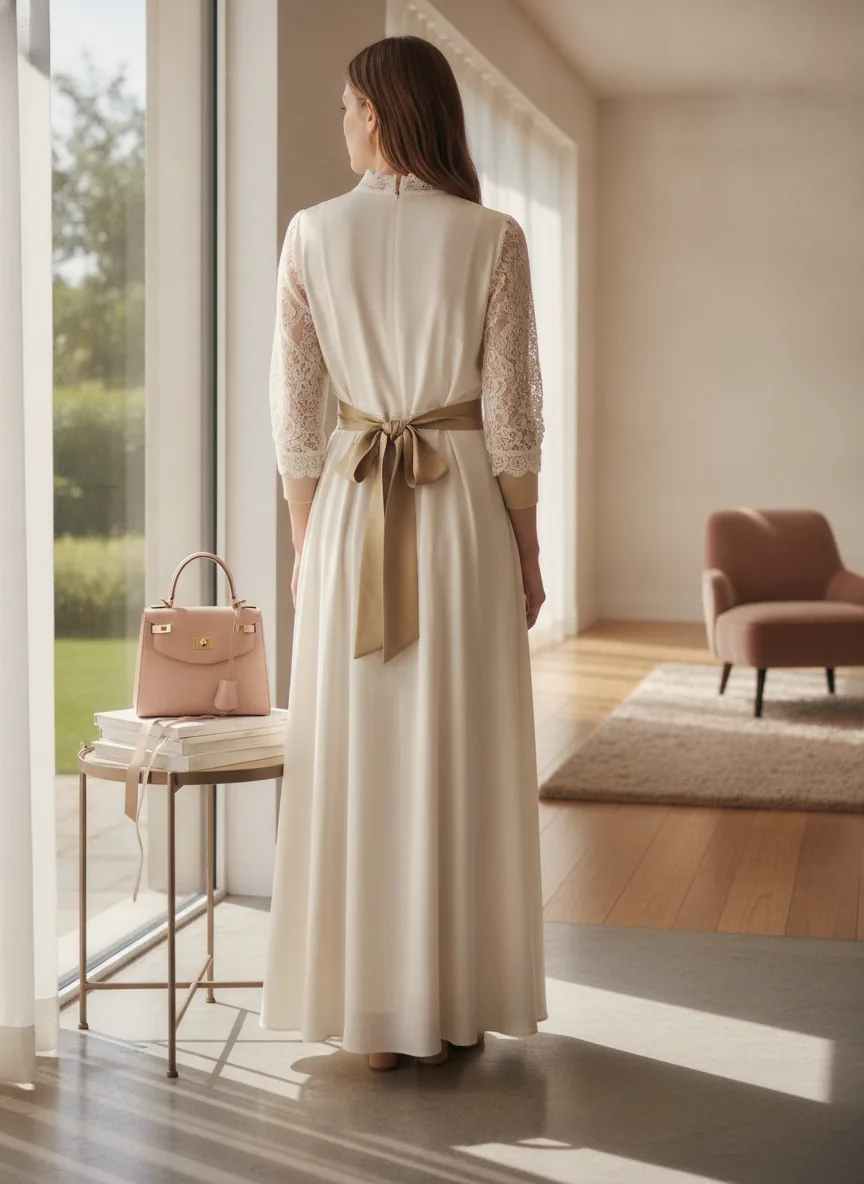 Elegant modest-luxury editorial, poised and feminine mood, soft