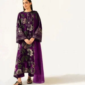 Deep Purple Floral Embroidered 3 Piece Lawn Suit