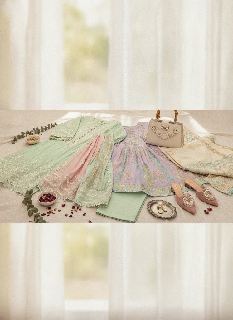 elegant fashion flat lay and styled display of