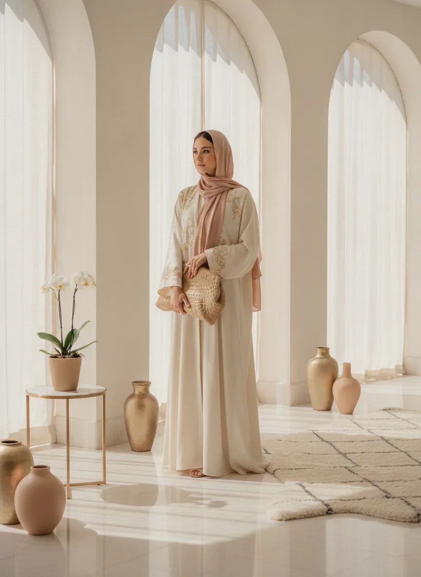 Elegant modest-luxury editorial, poised and feminine mood, soft