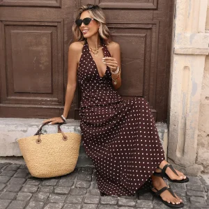 Vallora Riviera Polka Halter Plunge Resort Dress